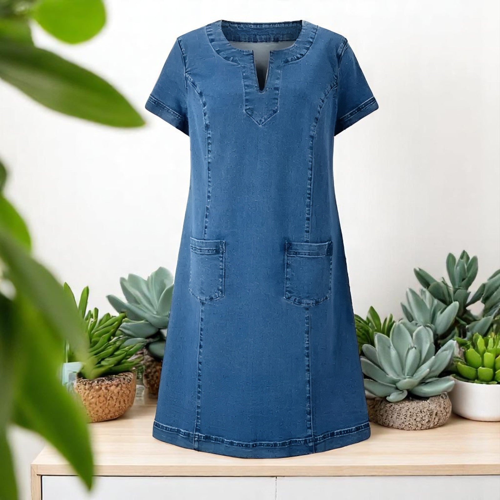 Denim Dress V Neck Short Sleeve for Women