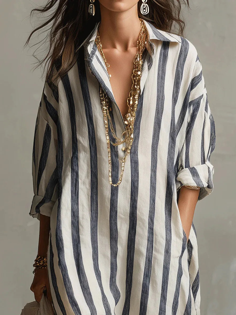 Shirt Dress Striped V-Neck Loose for Women