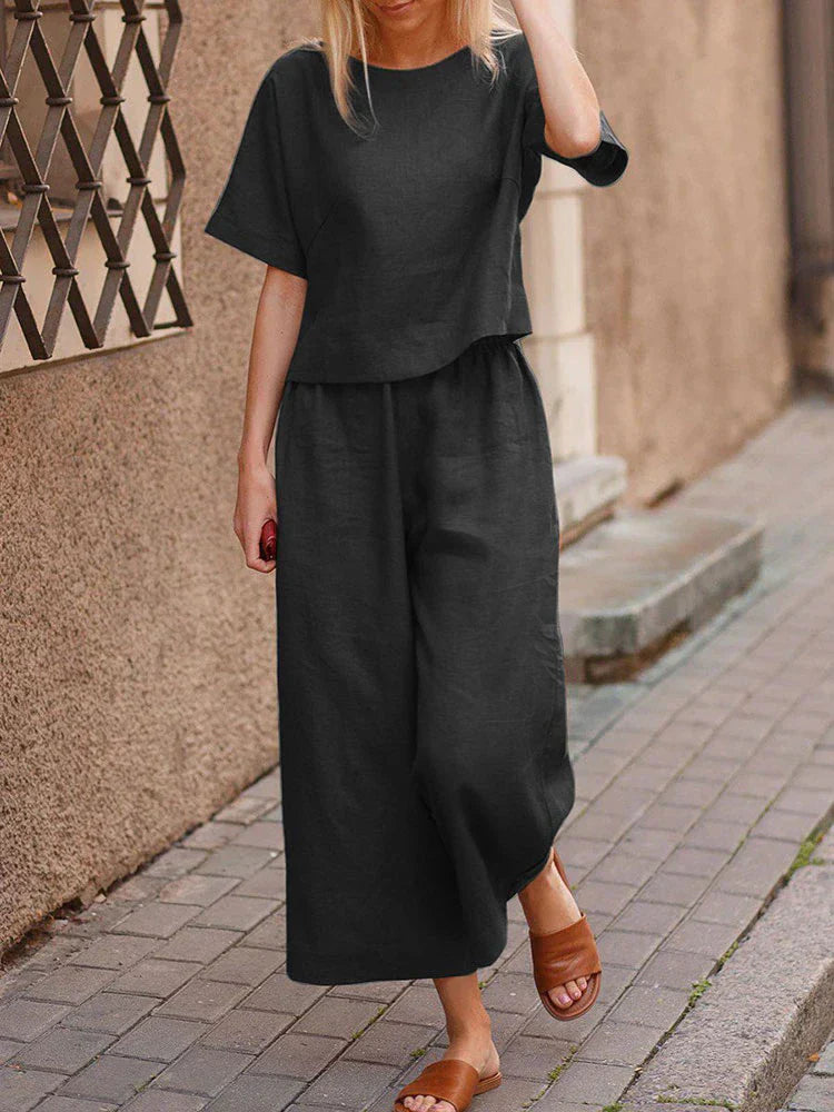 Two-Piece Set Round Neck Top & Wide-Leg Pants for Women
