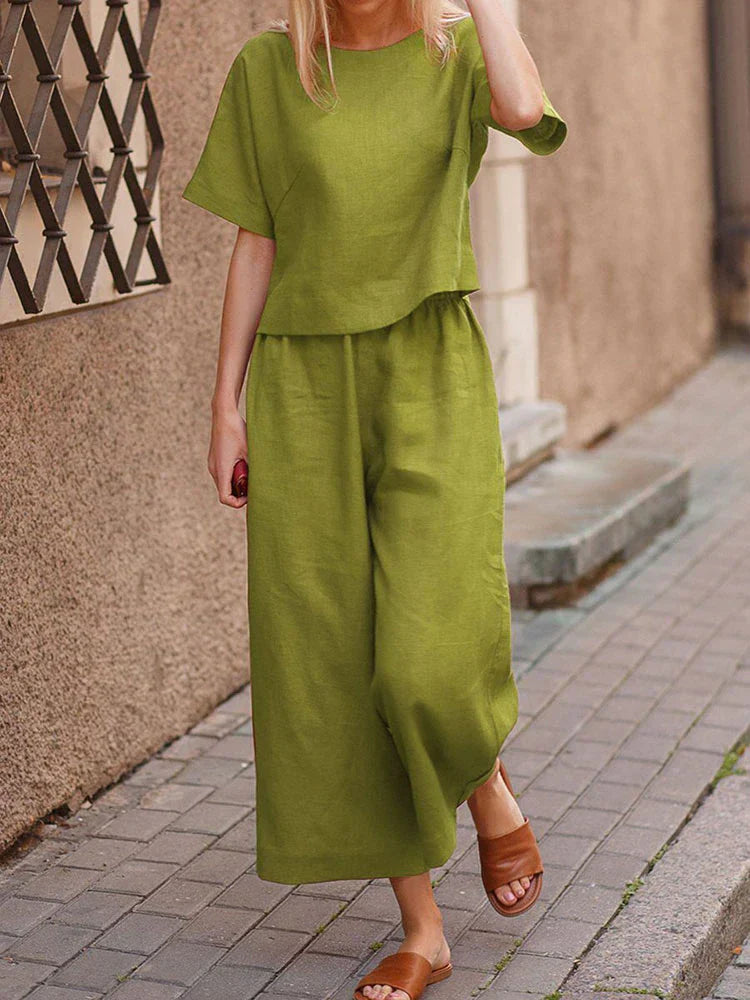 Two-Piece Set Round Neck Top & Wide-Leg Pants for Women