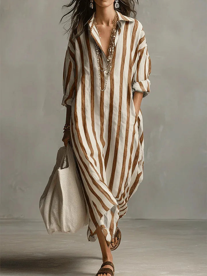 Shirt Dress Striped V-Neck Loose for Women