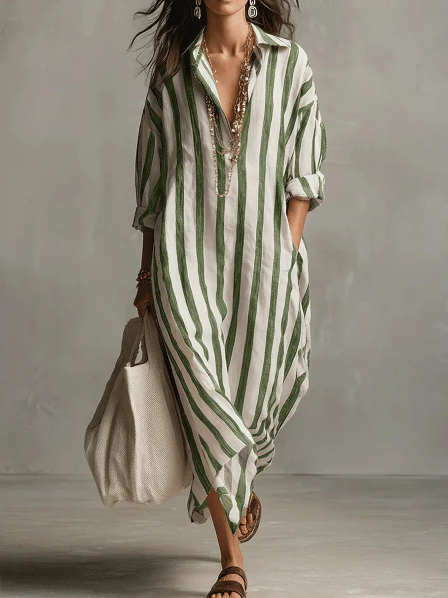 Shirt Dress Striped V-Neck Loose for Women