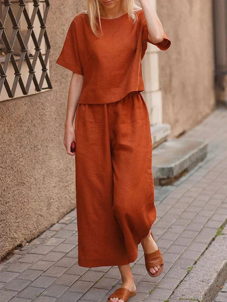 Two-Piece Set Round Neck Top & Wide-Leg Pants for Women