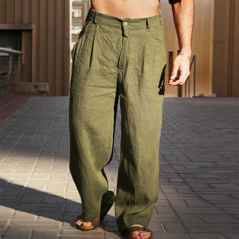 Wide-Leg Pants Pleated Linen Mid-Rise for Men | Perfect for Summer