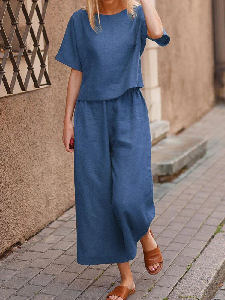 Two-Piece Set Round Neck Top & Wide-Leg Pants for Women