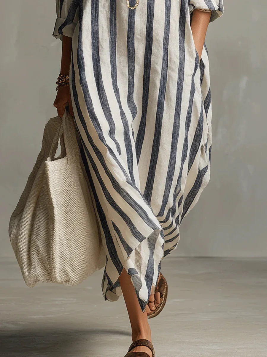Shirt Dress Striped V-Neck Loose for Women