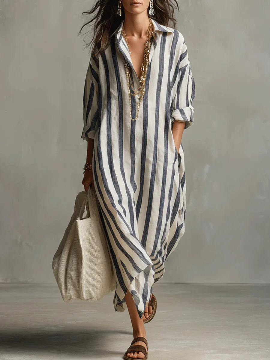 Shirt Dress Striped V-Neck Loose for Women