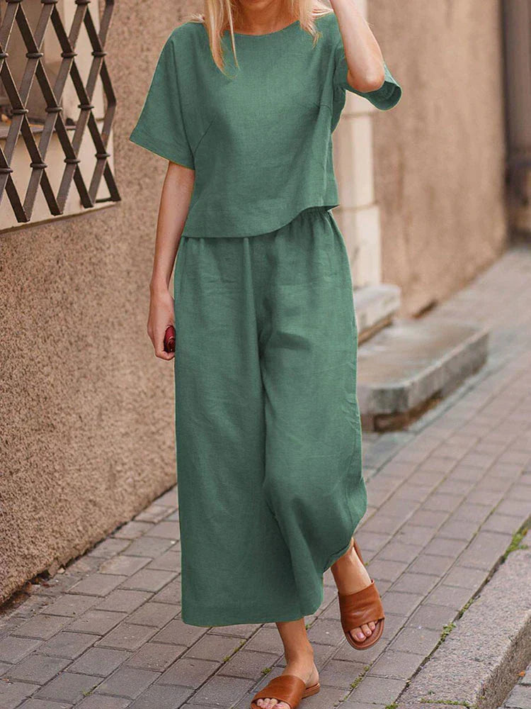 Two-Piece Set Round Neck Top & Wide-Leg Pants for Women