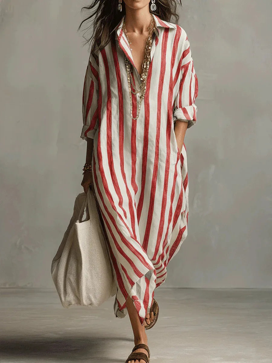 Shirt Dress Striped V-Neck Loose for Women