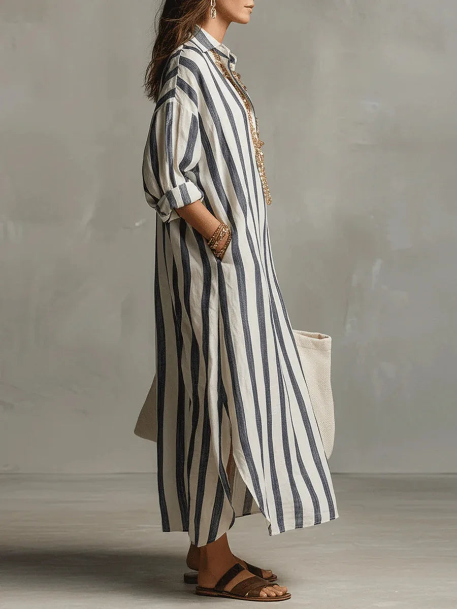 Shirt Dress Striped V-Neck Loose for Women