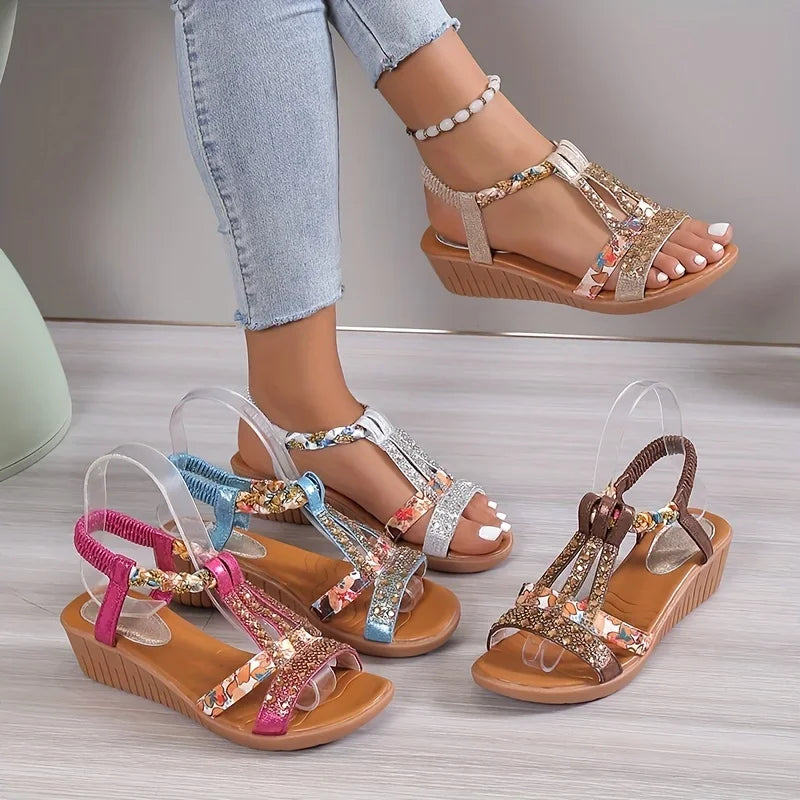 Wedge Sandals Rhinestone Accents for Women | Perfect for Summer