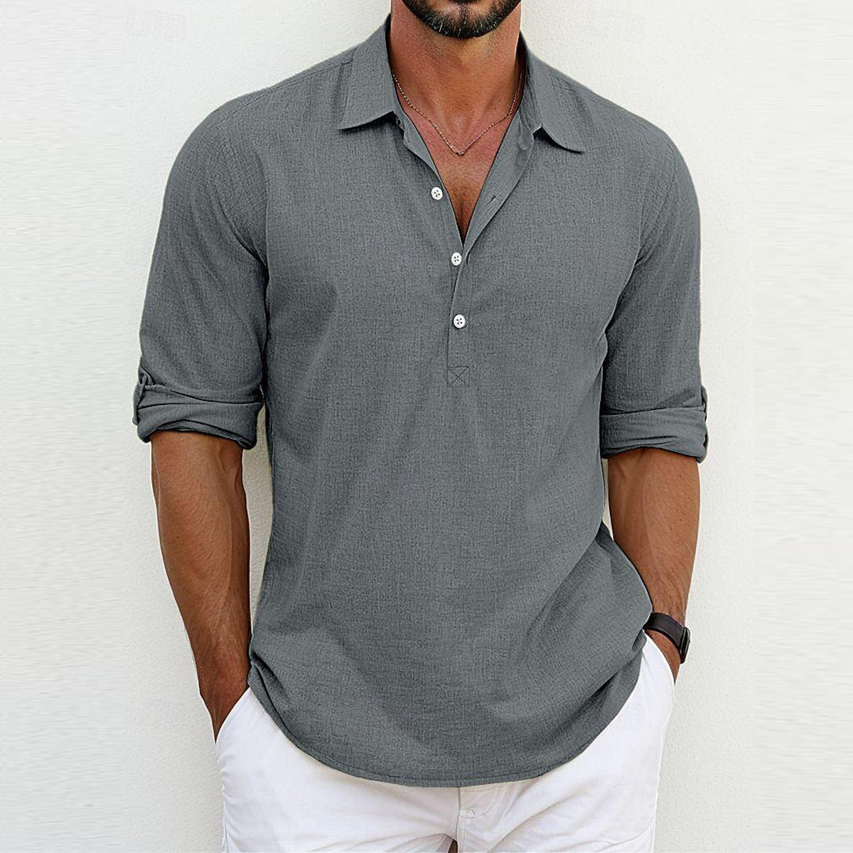 Shirt Linen Blend Long Sleeve for Men