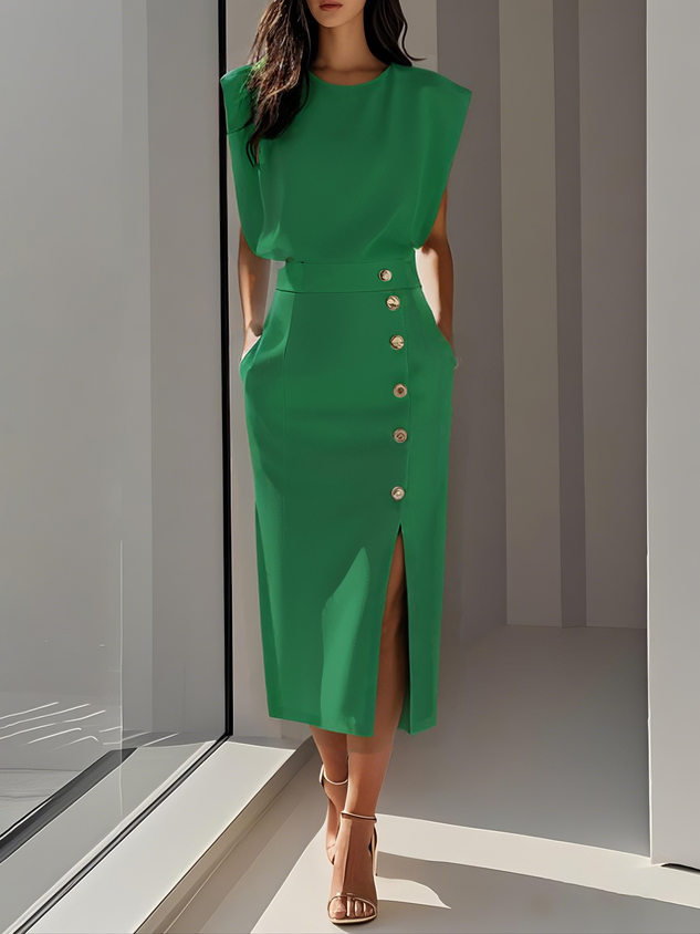 Midi Dress Round Neck Button Detail for Women