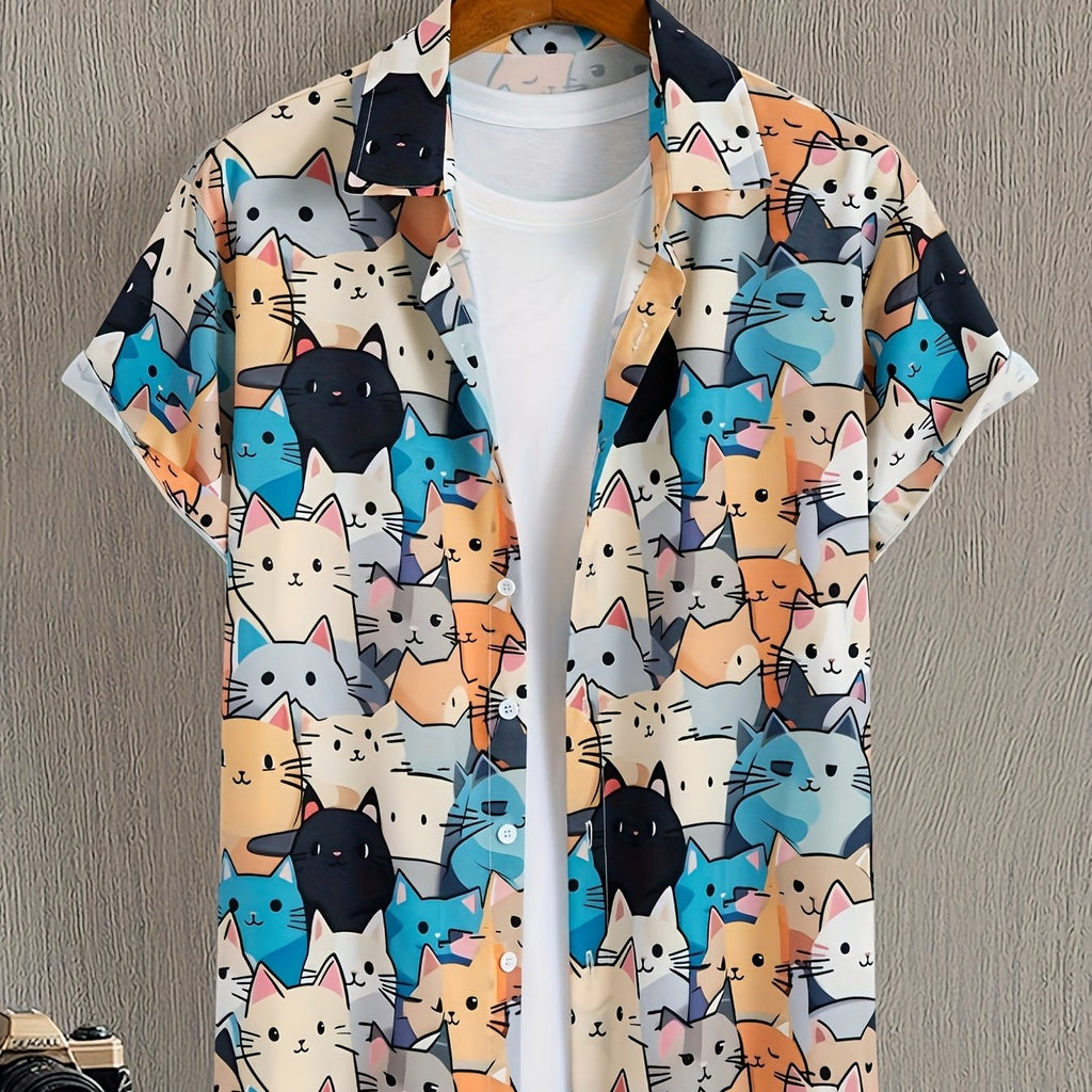 Short-Sleeved Shirt Cat Print for Men | Perfect for Everyday Wear