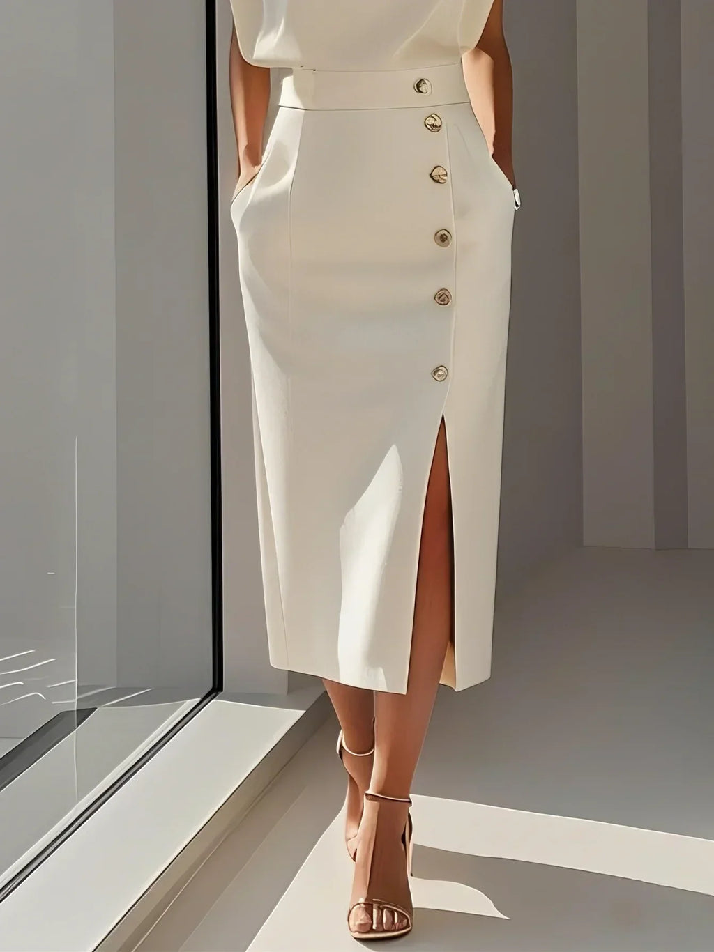 Midi Dress Round Neck Button Detail for Women