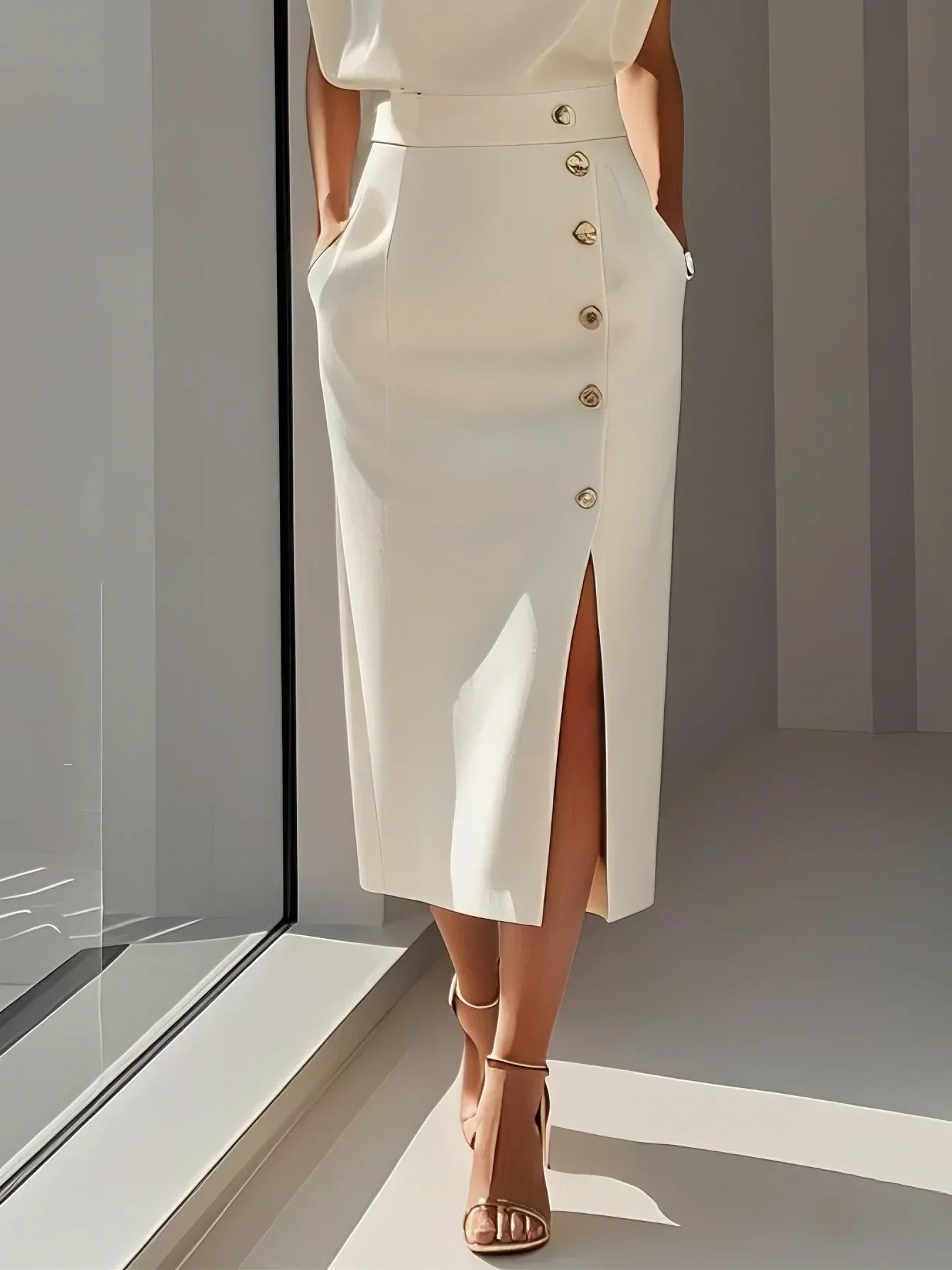 Midi Dress Round Neck Button Detail for Women