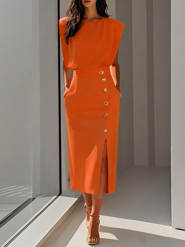 Midi Dress Round Neck Button Detail for Women
