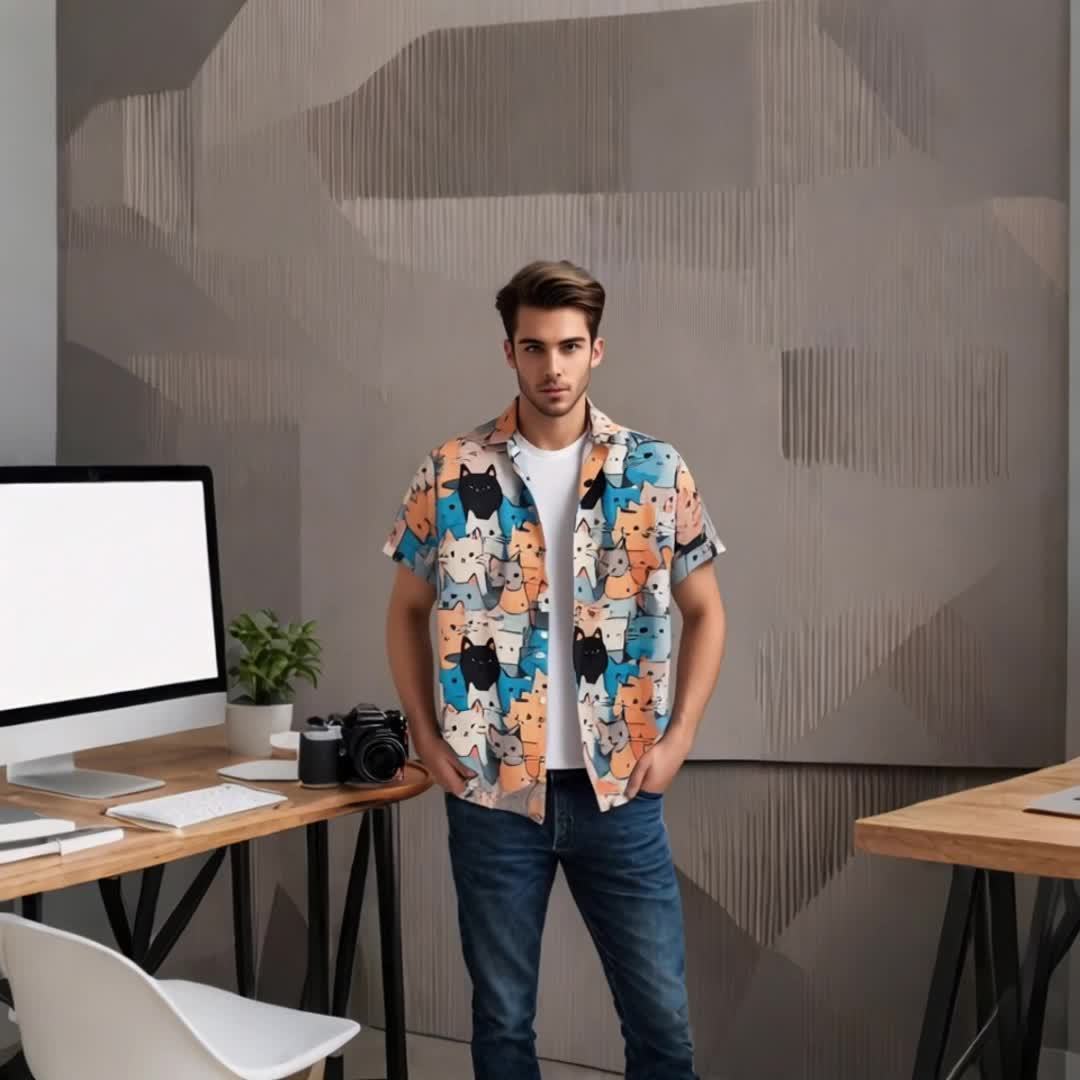 Short-Sleeved Shirt Cat Print for Men | Perfect for Everyday Wear
