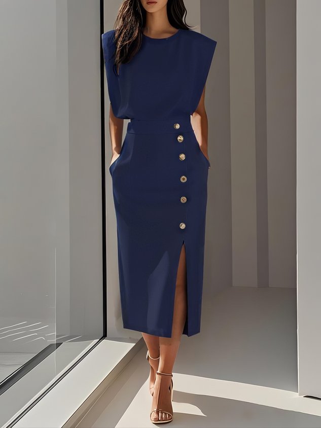 Midi Dress Round Neck Button Detail for Women