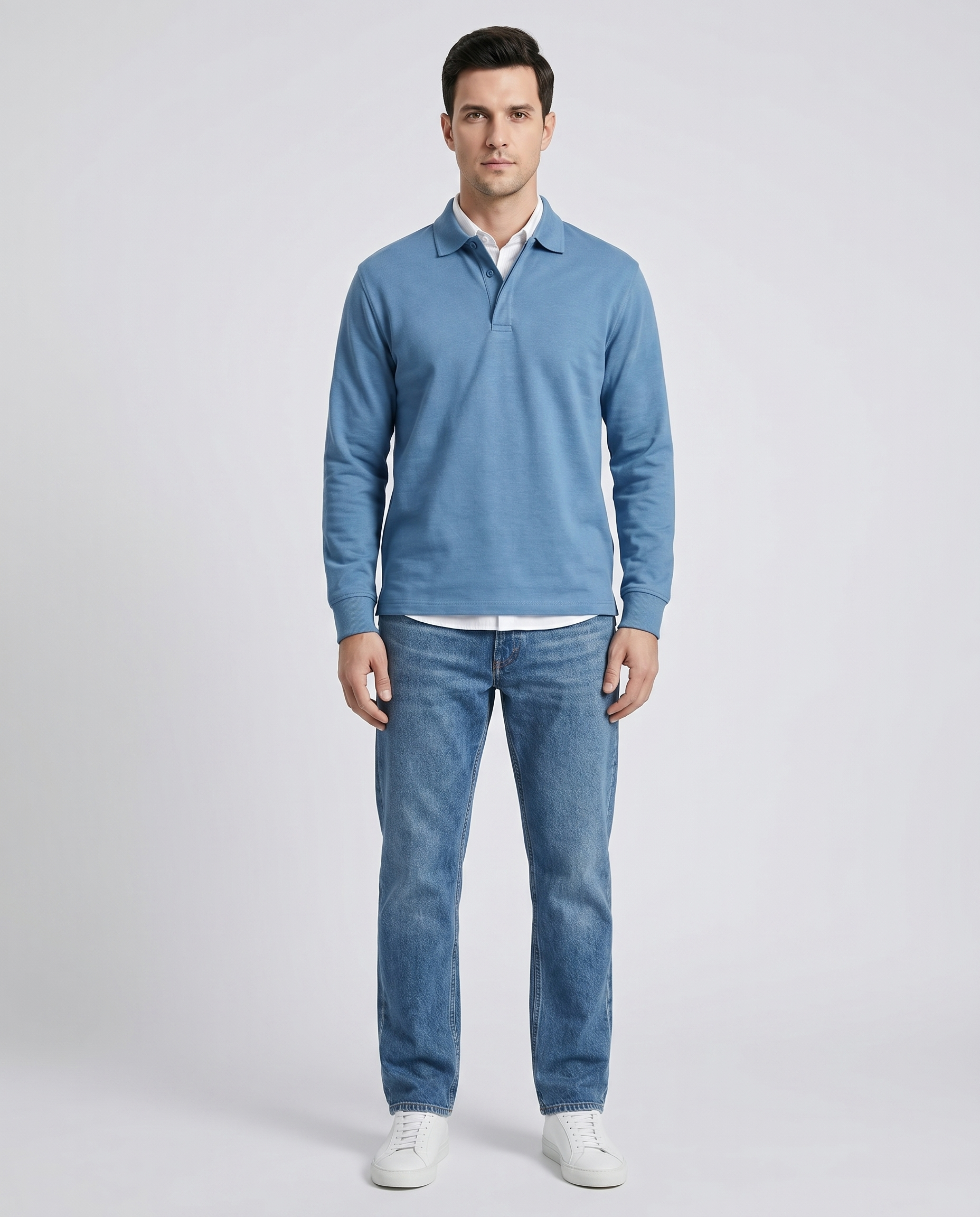 Long Sleeve Polo Shirt Button Placket for Men