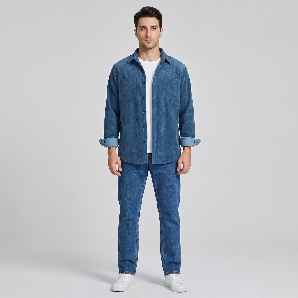 Corduroy Long-Sleeve Shirt with Chest Pockets for Men