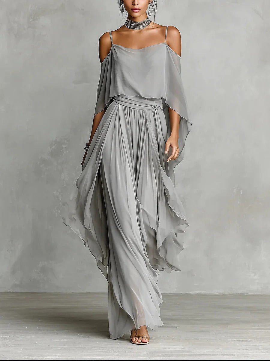 Off-Shoulder Wide-Leg Pants Set Chiffon for Women | Perfect for Spring