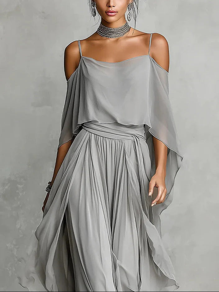 Off-Shoulder Wide-Leg Pants Set Chiffon for Women | Perfect for Spring