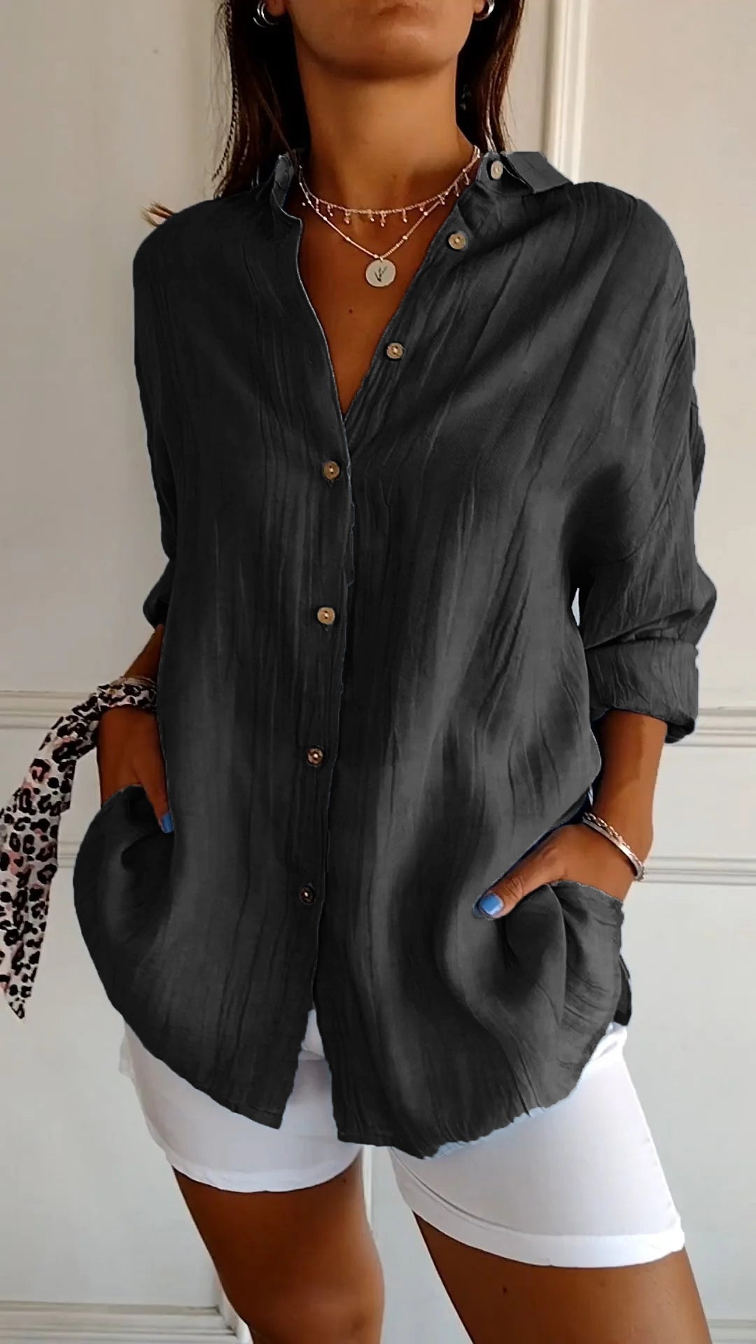 Button-Up Shirt Long Sleeve Pleated Front for Women