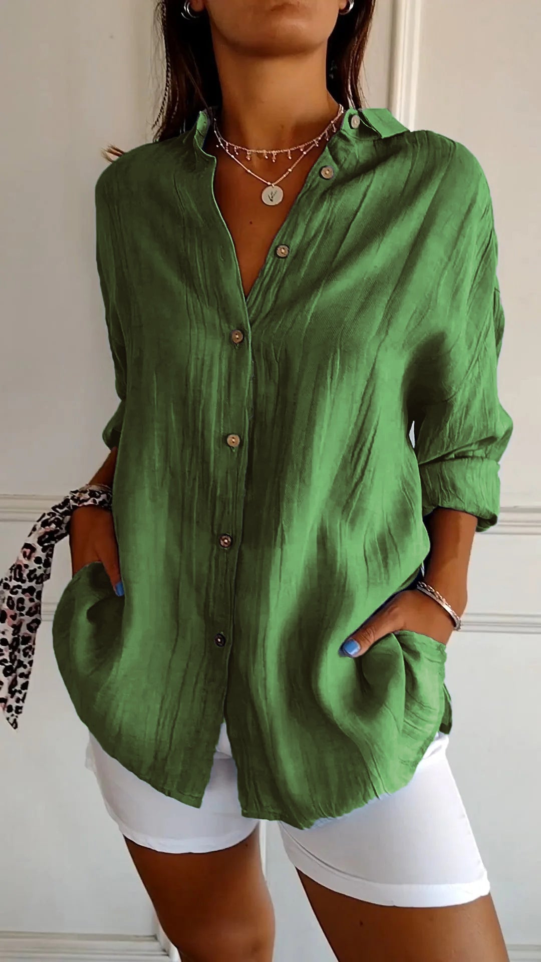 Button-Up Shirt Long Sleeve Pleated Front for Women