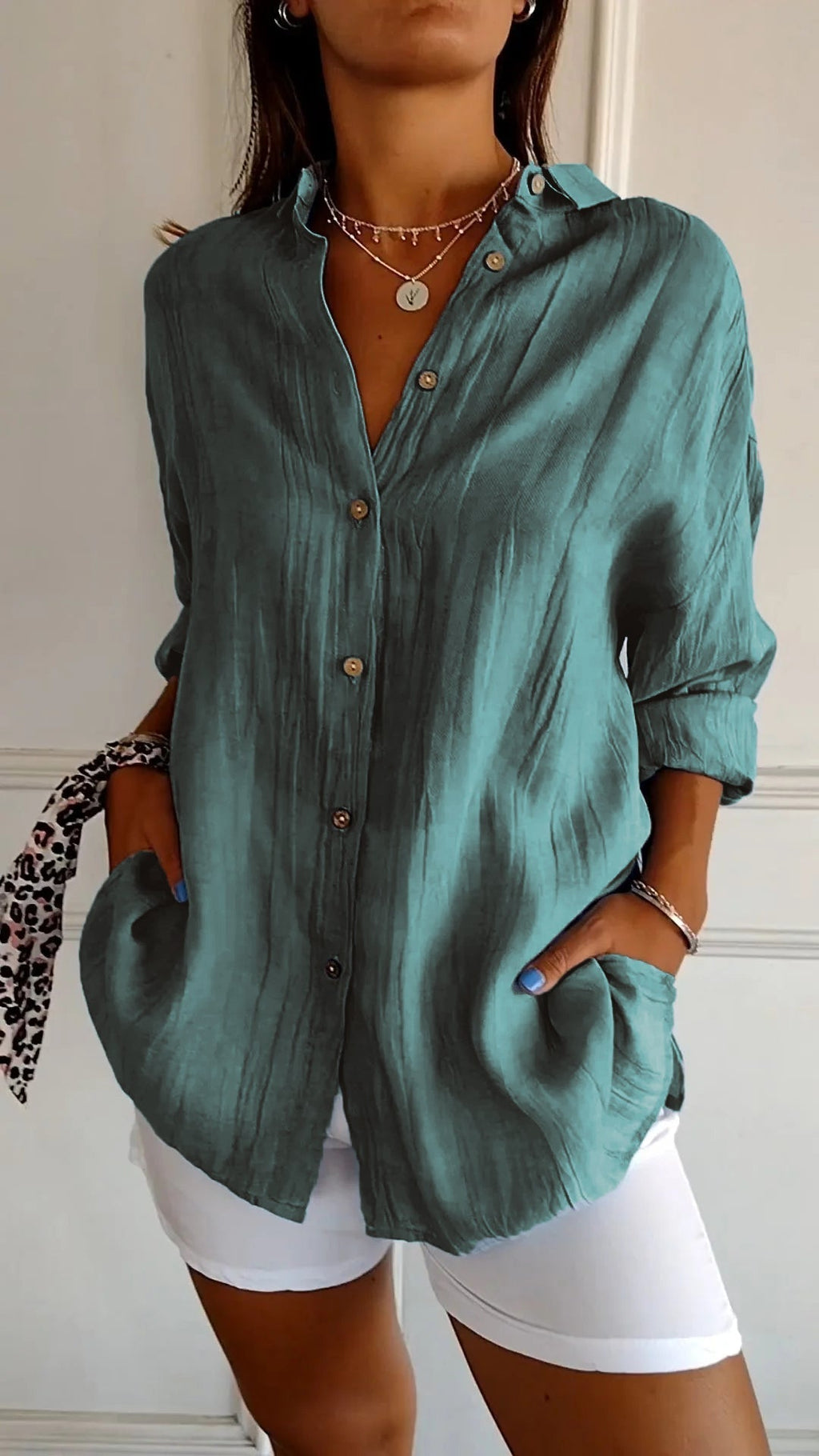 Button-Up Shirt Long Sleeve Pleated Front for Women