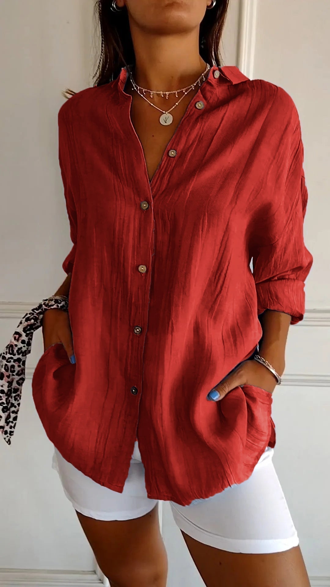Button-Up Shirt Long Sleeve Pleated Front for Women
