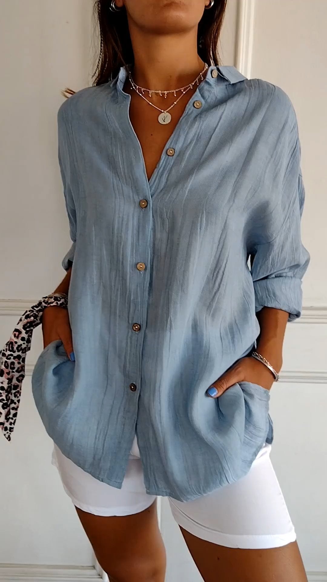 Button-Up Shirt Long Sleeve Pleated Front for Women