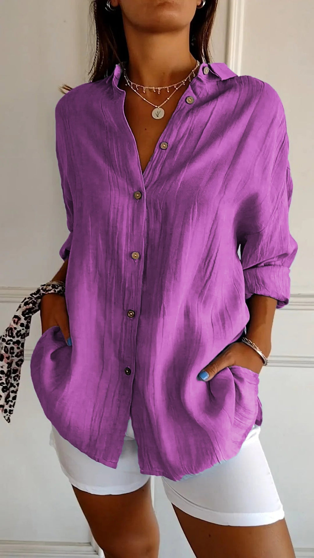 Button-Up Shirt Long Sleeve Pleated Front for Women