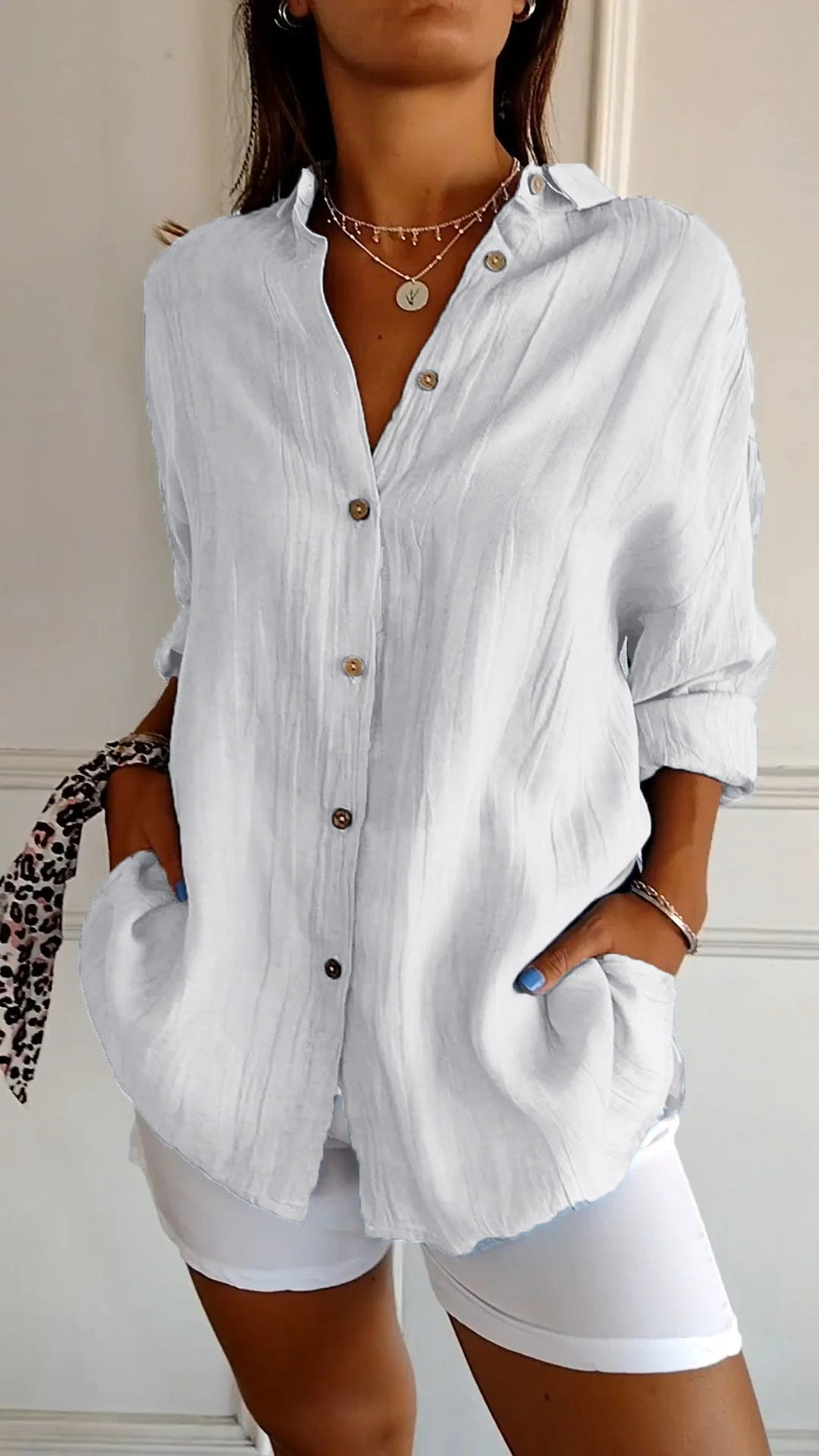 Button-Up Shirt Long Sleeve Pleated Front for Women