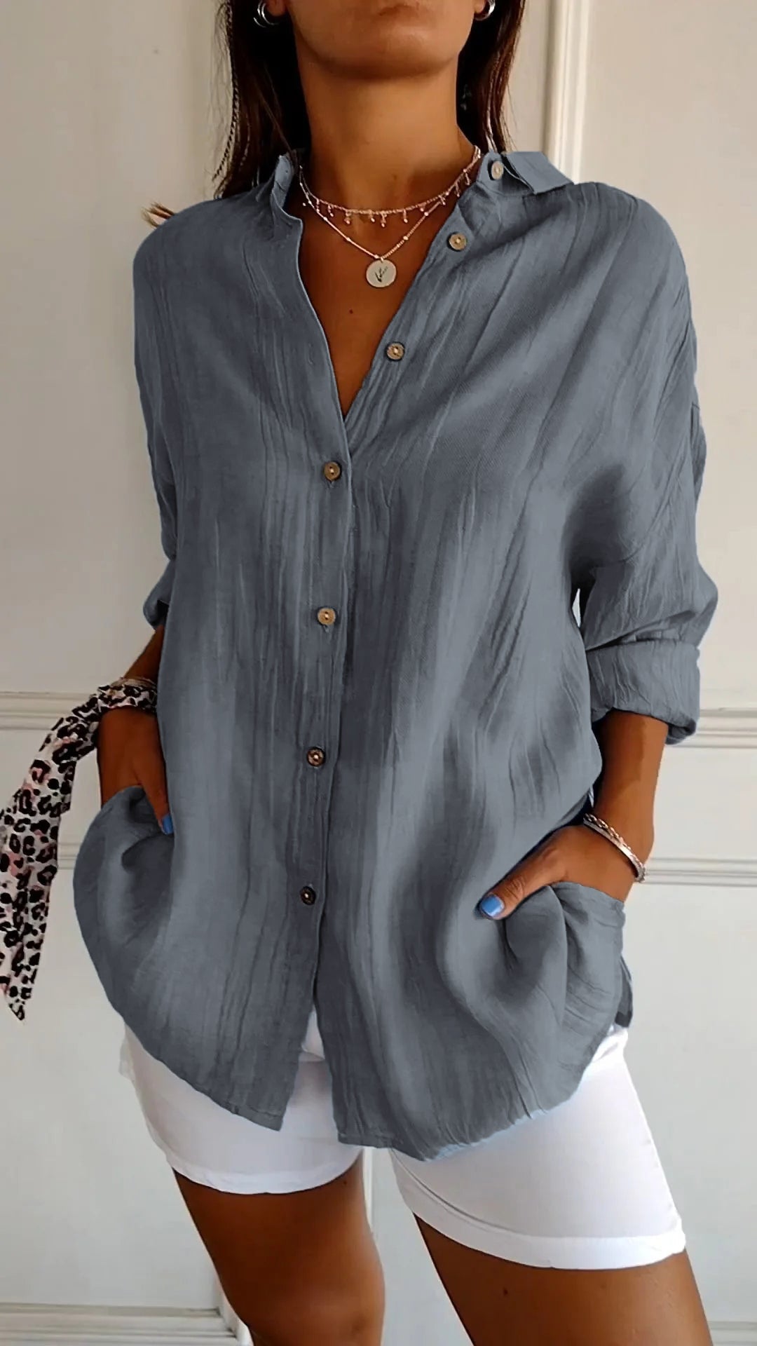 Button-Up Shirt Long Sleeve Pleated Front for Women