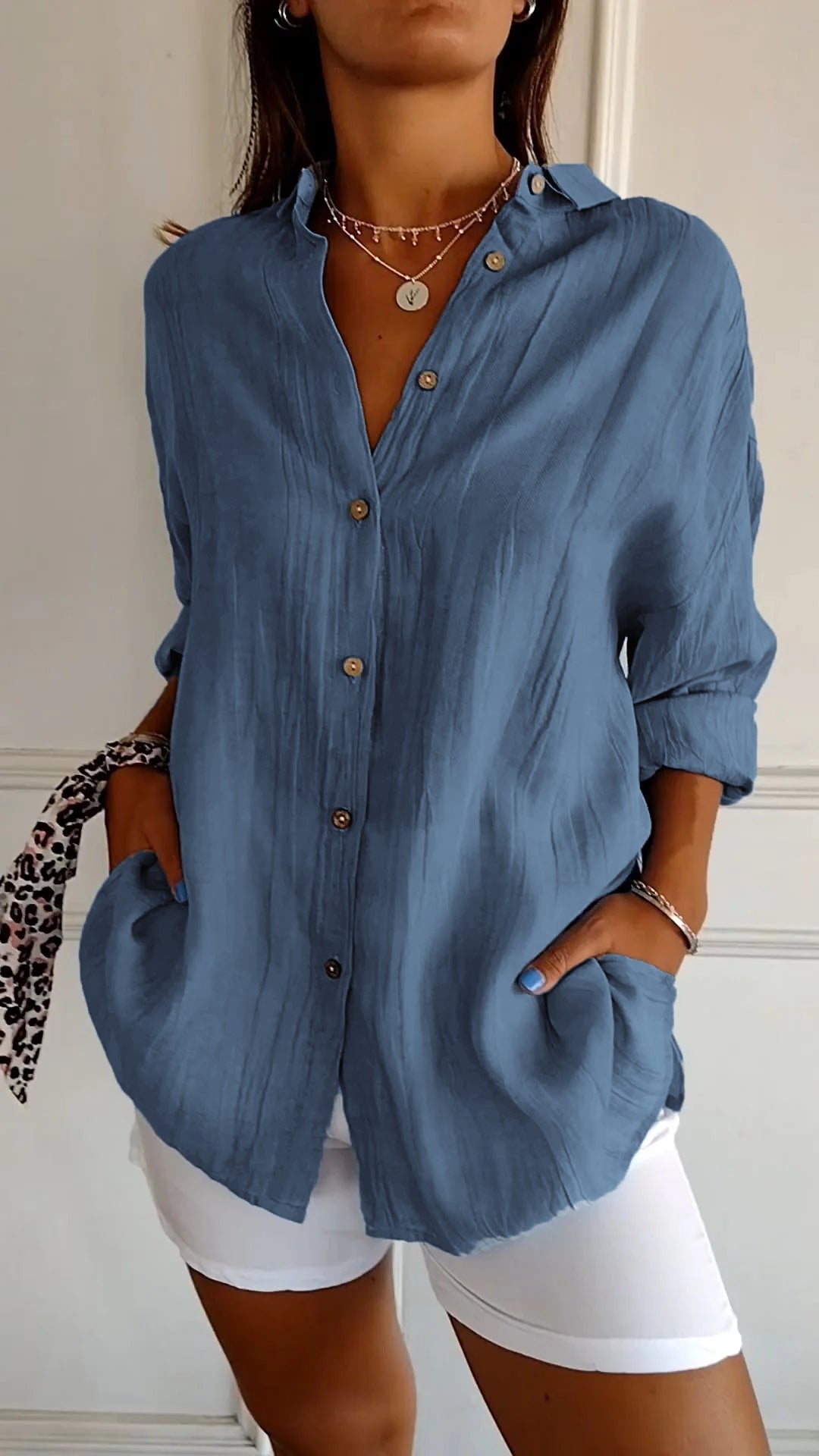 Button-Up Shirt Long Sleeve Pleated Front for Women