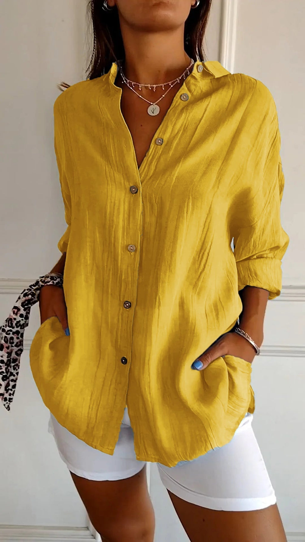 Button-Up Shirt Long Sleeve Pleated Front for Women