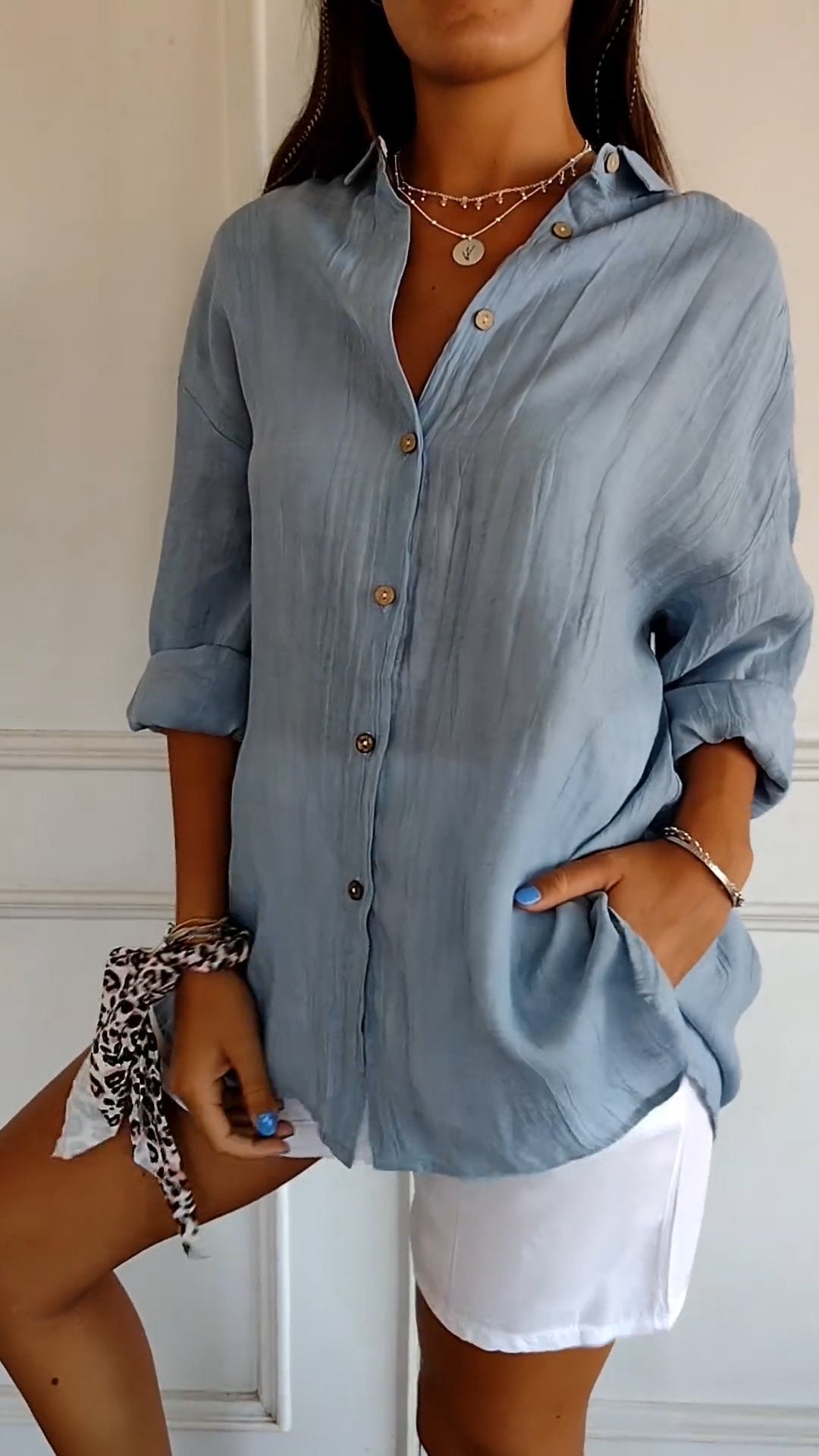 Button-Up Shirt Long Sleeve Pleated Front for Women