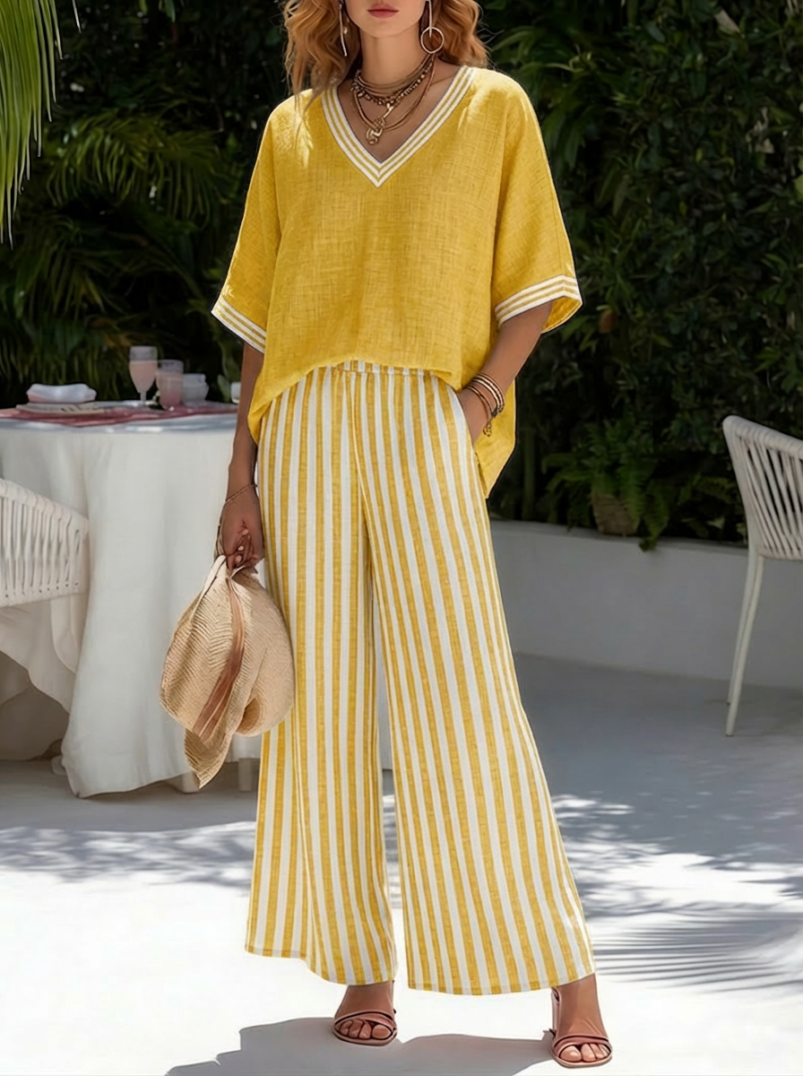 Two-Piece Set V-Neck Loose Top and Striped Pants for Women