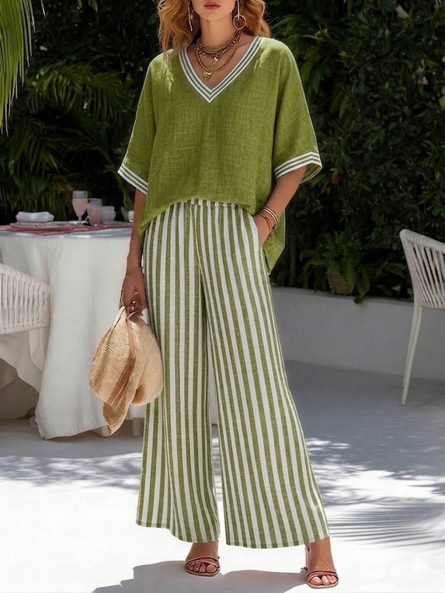 Two-Piece Set V-Neck Loose Top and Striped Pants for Women