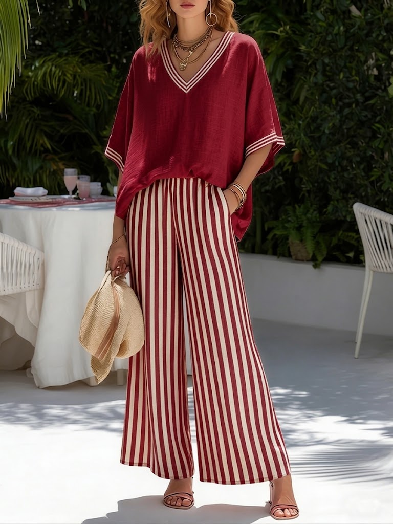 Two-Piece Set V-Neck Loose Top and Striped Pants for Women