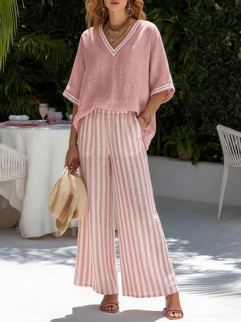 Two-Piece Set V-Neck Loose Top and Striped Pants for Women
