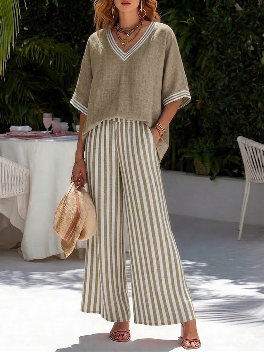 Two-Piece Set V-Neck Loose Top and Striped Pants for Women