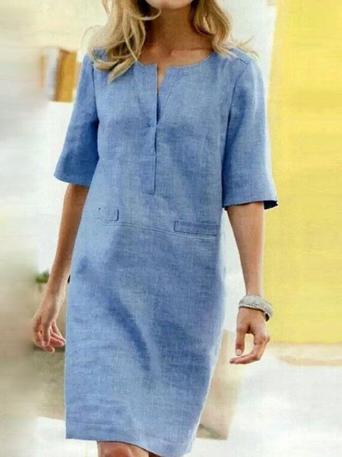 Shift Dress Split Neck 3/4 Sleeve for Women