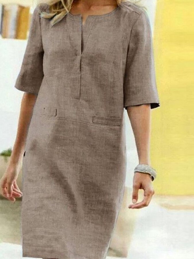 Shift Dress Split Neck 3/4 Sleeve for Women