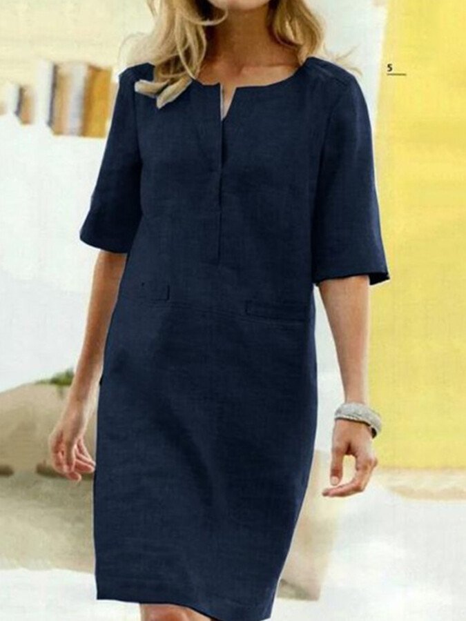 Shift Dress Split Neck 3/4 Sleeve for Women