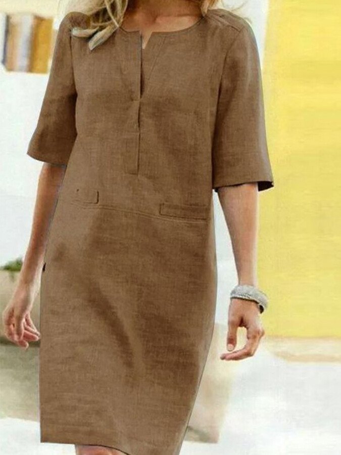 Shift Dress Split Neck 3/4 Sleeve for Women