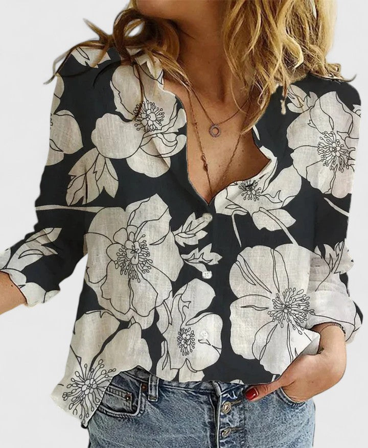 Blouse V-Neck Button Down Long Sleeve for Women