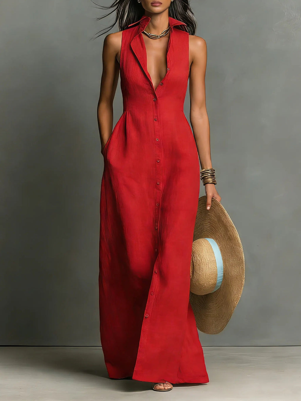 Sleeveless Collared Maxi Dress Button-Front for Women