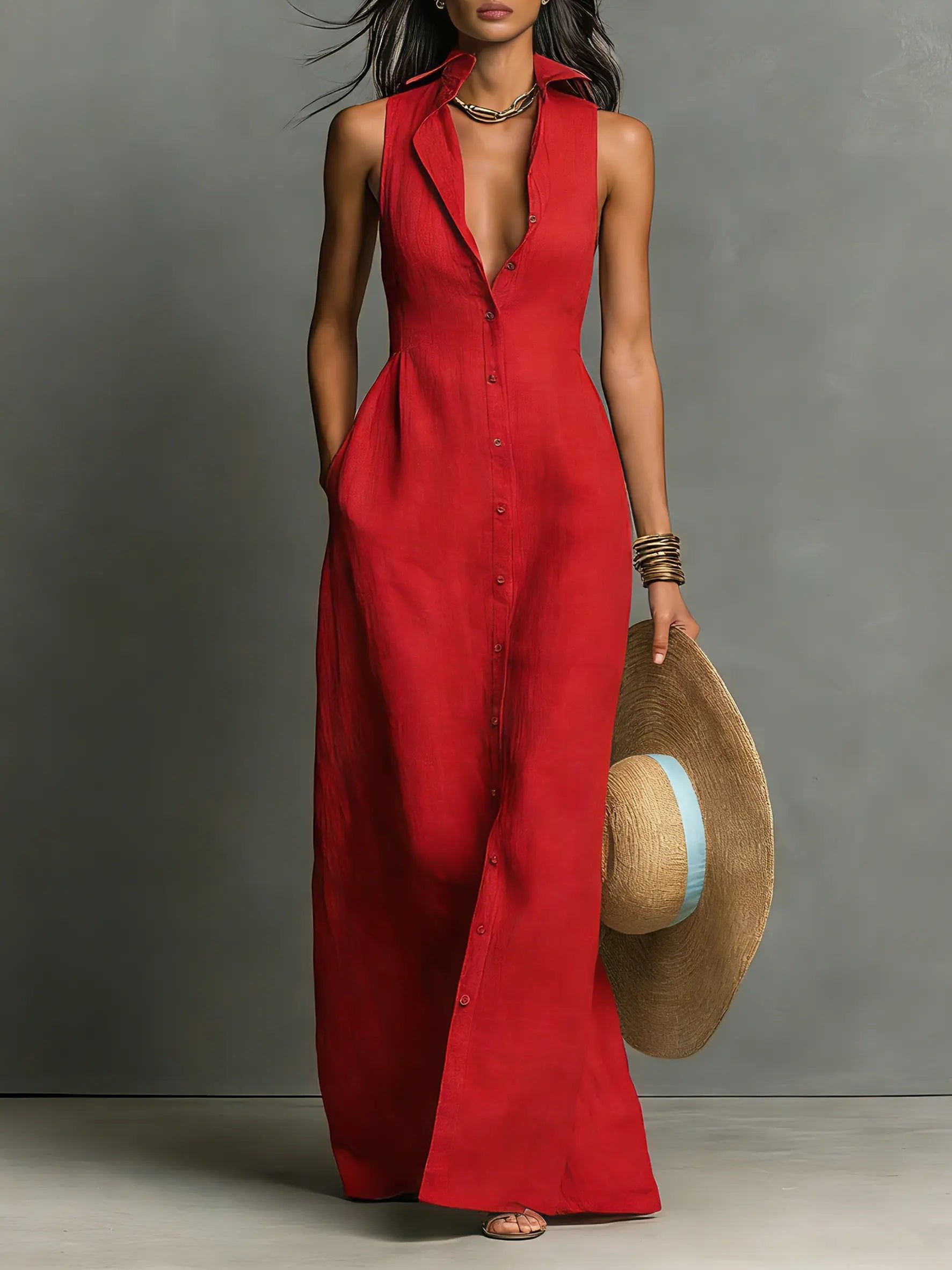 Sleeveless Collared Maxi Dress Button-Front for Women